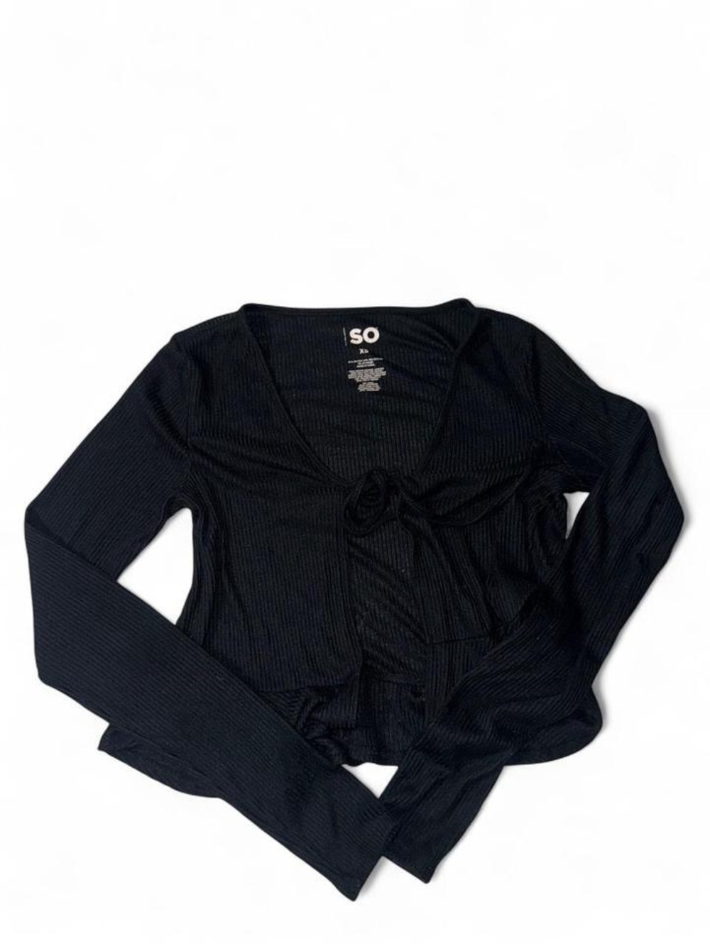 SO Black Ribbed Tie-Front Long Sleeve Top